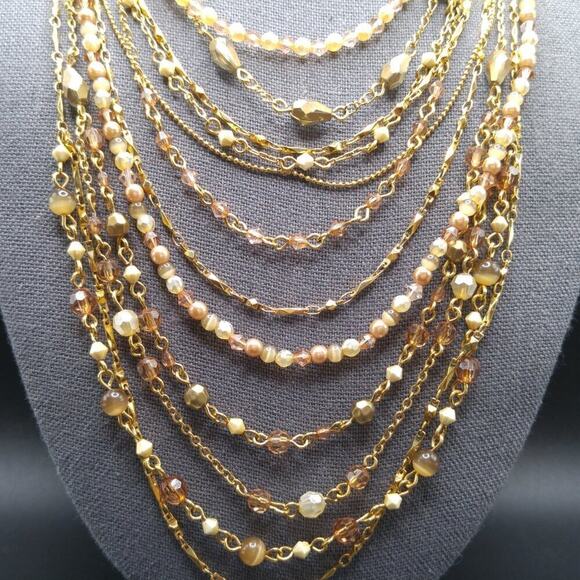 Multistrand Topaz Faux Pearl Gold Necklace, 9 Strands, Layering, 16 Inches - Picture 2 of 13